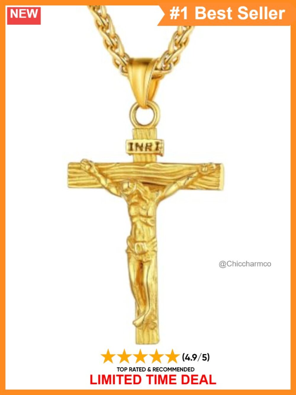 Men's Stainless Steel Crucifix Cross Necklace 22in Wheat Chain 18K Gold Plated